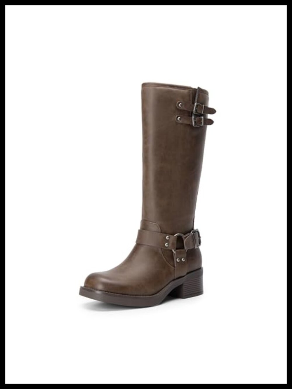 Women's Moto Knee High Boots Square Toe Block Heel Faux Leather